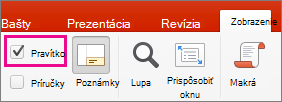 Začiarkavacie políčko Pravítko na karte Zobraziť