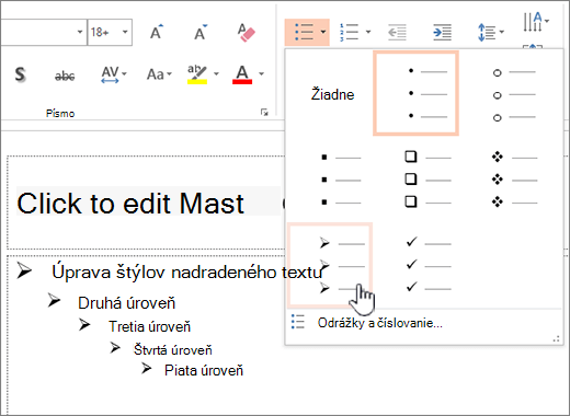 Nastavenie predvolenej odrážky pre všetky úrovne