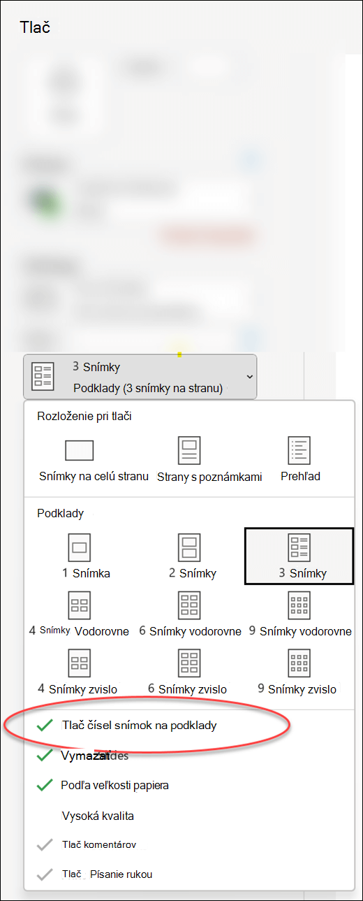 Dialógové okno Tlač v PowerPointe zobrazujúce možnosť tlače čísel snímok na podklady.