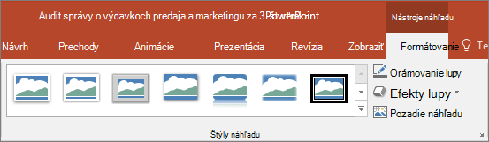 Zobrazuje rôzne štýly náhľadu a efekty, ktoré si môžete vybrať na karte Formátovať v PowerPointe.