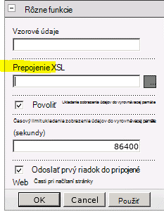 Vlastnosť prepojenia XSL v ponuke Webová časť
