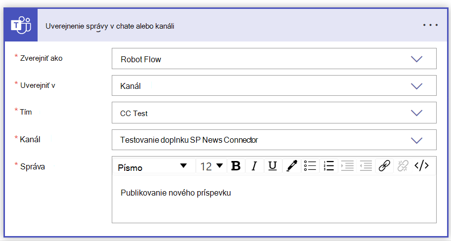 Snímka obrazovky s vyplneným formulárom Uverejniť správu v chatovom kanáli