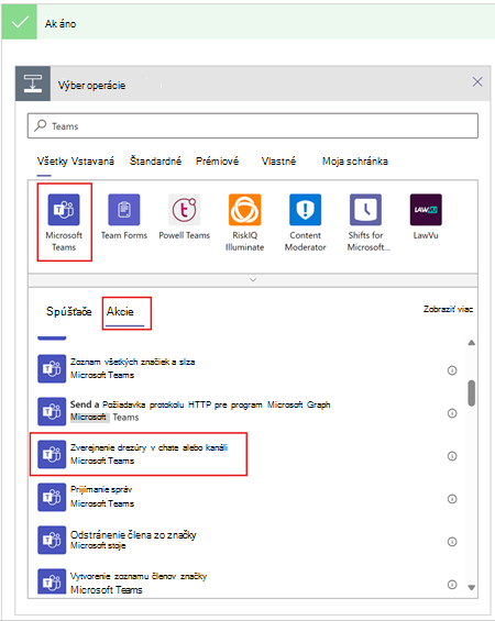 Nastavenie akcie v aplikácii Teams Workflows