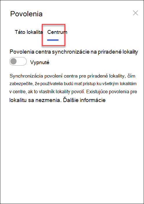 Snímka obrazovky so zapnutím synchronizácie povolení centra