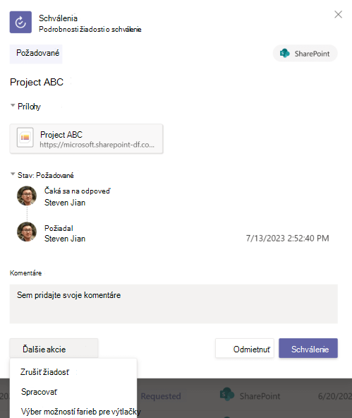 Snímka obrazovky s podrobnosťami žiadosti o schválenie v aplikácii.