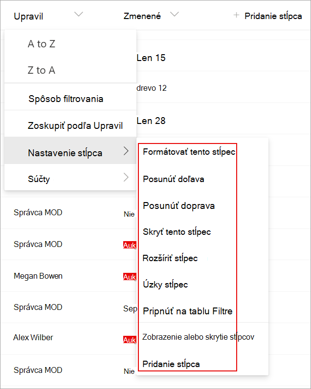 Snímka obrazovky zobrazujúca nastavenia stĺpca v zozname, ktoré môžete použiť na úpravu zoznamu.
