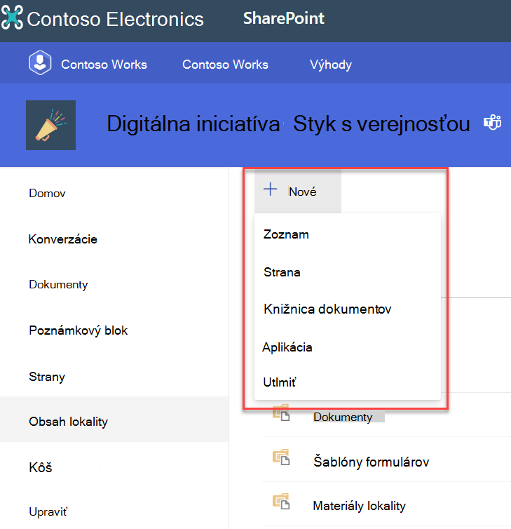 Snímka obrazovky vytvorenia nového obsahu lokality