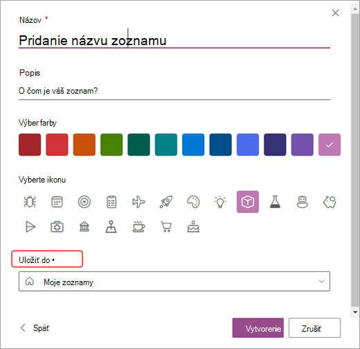 Snímka obrazovky s možnosťami prispôsobenia zoznamov v SharePointe.