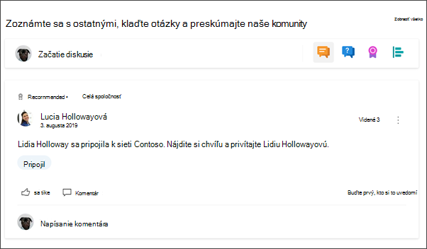 Obrázok webovej časti Yammer na lokalite oddelenia
