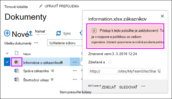 Tip k politike zobrazujúci zablokovaný prístup k dokumentu