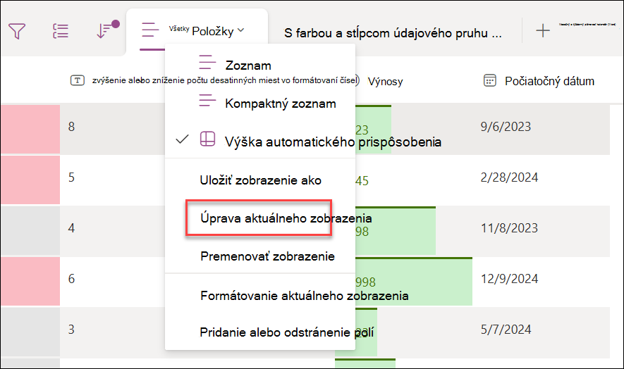 Snímka obrazovky výberu položky Upraviť aktuálne zobrazenie