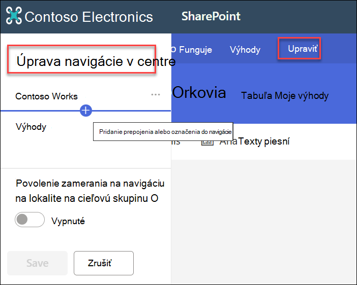 snímka obrazovky navigácie v centre úprav