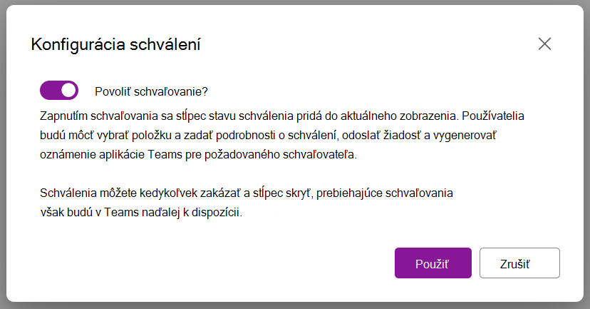 Snímka obrazovky zobrazujúca možnosť dialógového okna na povolenie schvaľovania