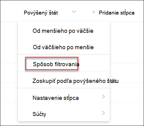 snímka obrazovky s filtrovaním podľa povýšeného stavu