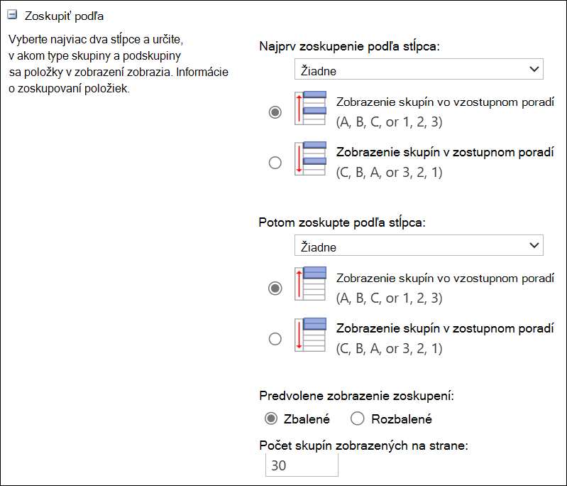 snímka obrazovky zoskupenia až podľa 2 stĺpcov.