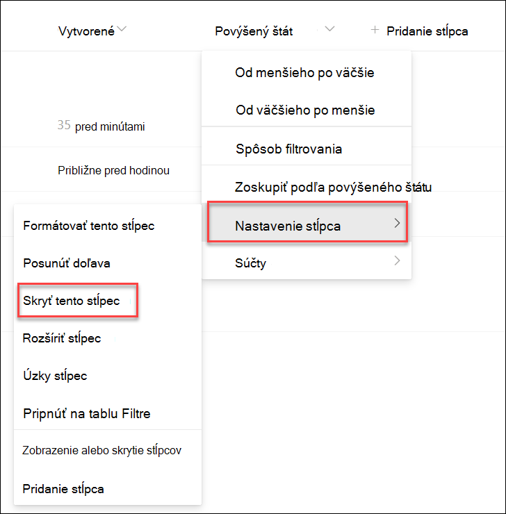 snímka obrazovky so skrytím stĺpca