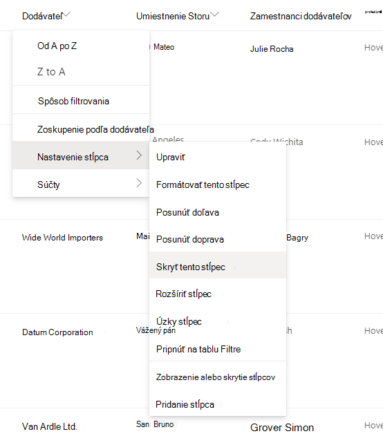 Nastavenia stĺpca > Možnosť Skryť tento stĺpec, keď je vybraté záhlavie stĺpca v modernom zozname alebo knižnici služby SharePoint
