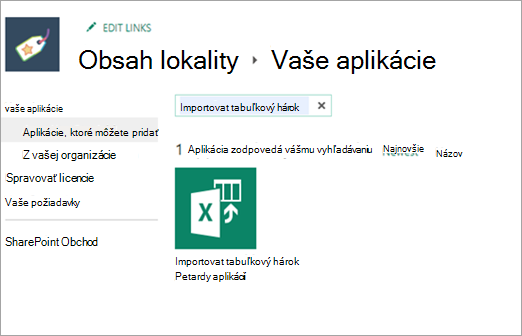 Snímka obrazovky importovania tabuľkového hárka v aplikáciách, ktoré môžete pridať.