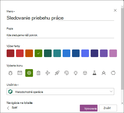 Snímka obrazovky zobrazujúca zadanie názvu zoznamu a výber lokality SharePoint ako umiestnenia na uloženie zoznamu pri vytváraní zoznamu
