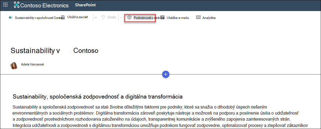 Umiestnenie tlačidla Podrobnosti o strane
