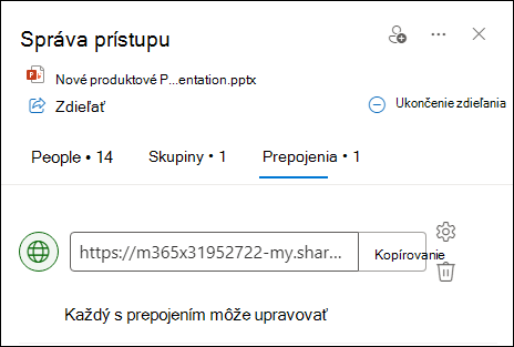 Snímka obrazovky zobrazujúca dialógové okno Správa prístupu s otvorenou kartou Prepojenia.