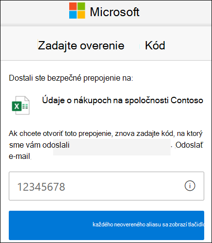 Okno overenia kódu externého zdieľania vo OneDrive