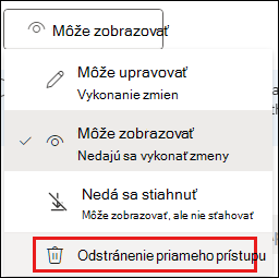 Snímka obrazovky povolení na zdieľanie so zvýraznenou položkou Odstrániť priamy prístup.