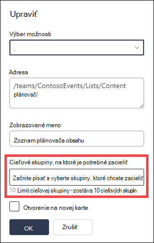 Zvýraznené cieľové skupiny na cieľové pole.