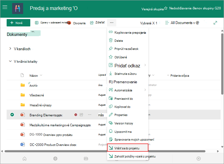 Výberom možnosti vrátenia do projektu môžete dokument vrátiť do knižnice.