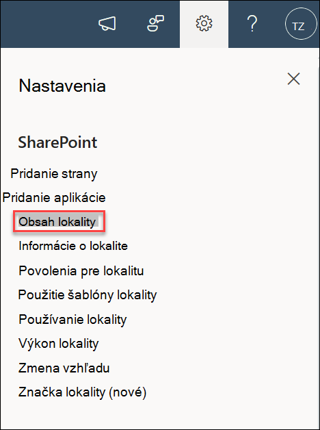 Snímka obrazovky s nastaveniami obsahu lokality