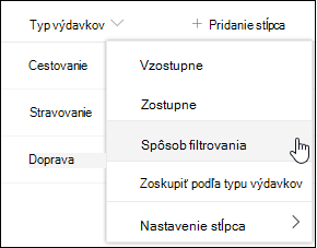 Možnosť ponuky záhlavia stĺpca v SharePointe Filtrovať podľa