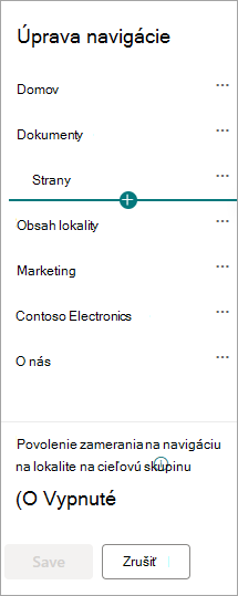 Dialógové okno navigácie v SharePointe pre centrálne lokality.
