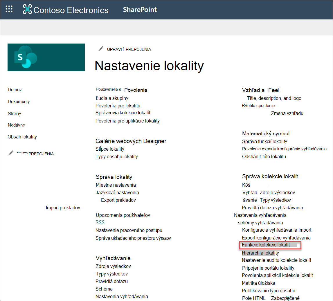 snímka obrazovky s výberom funkcií kolekcie lokalít