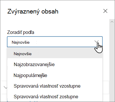 Možnosti Zoradiť podľa webovej časti Zvýraznený obsah v modernom prostredí SharePointu