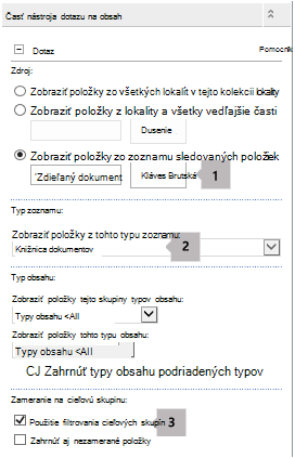 Zoznam vlastností webovej časti dotaz na obsah s tromi bublinami