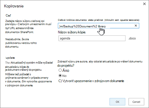 Dialógové okno kopírovania s vybratou URL adresou