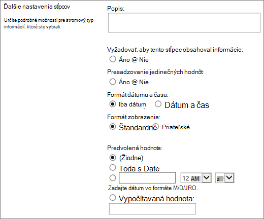 Možnosti stĺpca dátumu a času