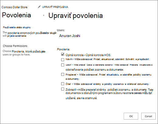 Zmena úrovní povolení v dialógovom okne povolení