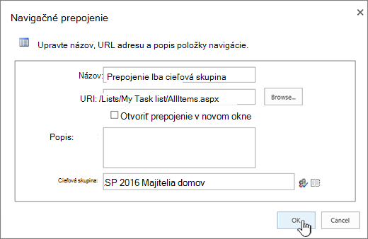 Vlastnosti navigačného prepojenia so zvýrazneným tlačidlom OK.