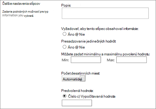 Možnosti pre číselný stĺpec
