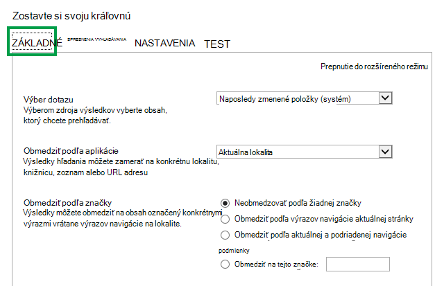 Karta ZÁKLADNÉ pri konfigurovaní dotazu vo webovej časti vyhľadávania obsahu