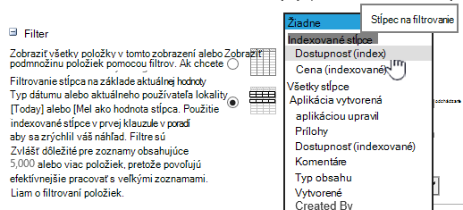 V SharePointe Online vyberte indexované pole