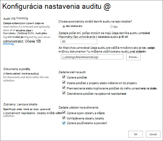 Obrazovka nastavenia auditu kolekcie lokalít