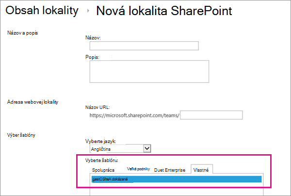 Horná časť dialógového okna Vytvorenie lokality