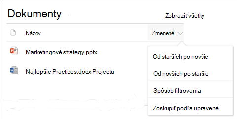 Document Library web part showing sort, filter, and group menu