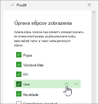 Použitie šípok nahor alebo nadol, alebo presunutie umiestnenia stĺpca myšou