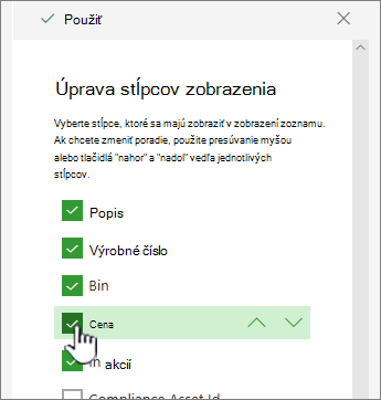 Zobrazenie alebo skrytie začiarknutím políčka alebo zrušením začiarknutia stĺpcov