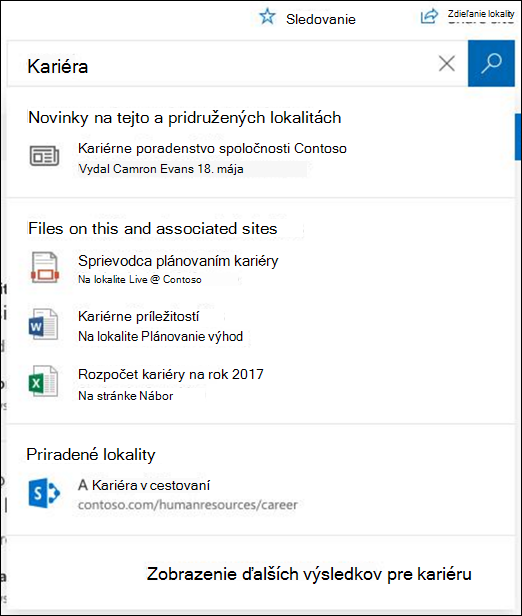 Výsledky hľadania na sharepointovej centrálnej lokalite