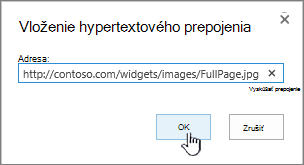 Dialógové okno hypertextového prepojenia s webovou adresou a zvýrazneným tlačidlom OK