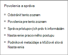 Prepojenia na povolenia zoznamu a nastavenia správy